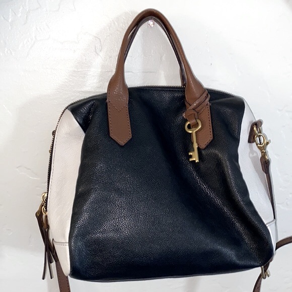 FOSSIL 3 Tone Black/White/Brown Buttery Soft Leather Satchel/Shoulder EUC - Picture 11 of 17